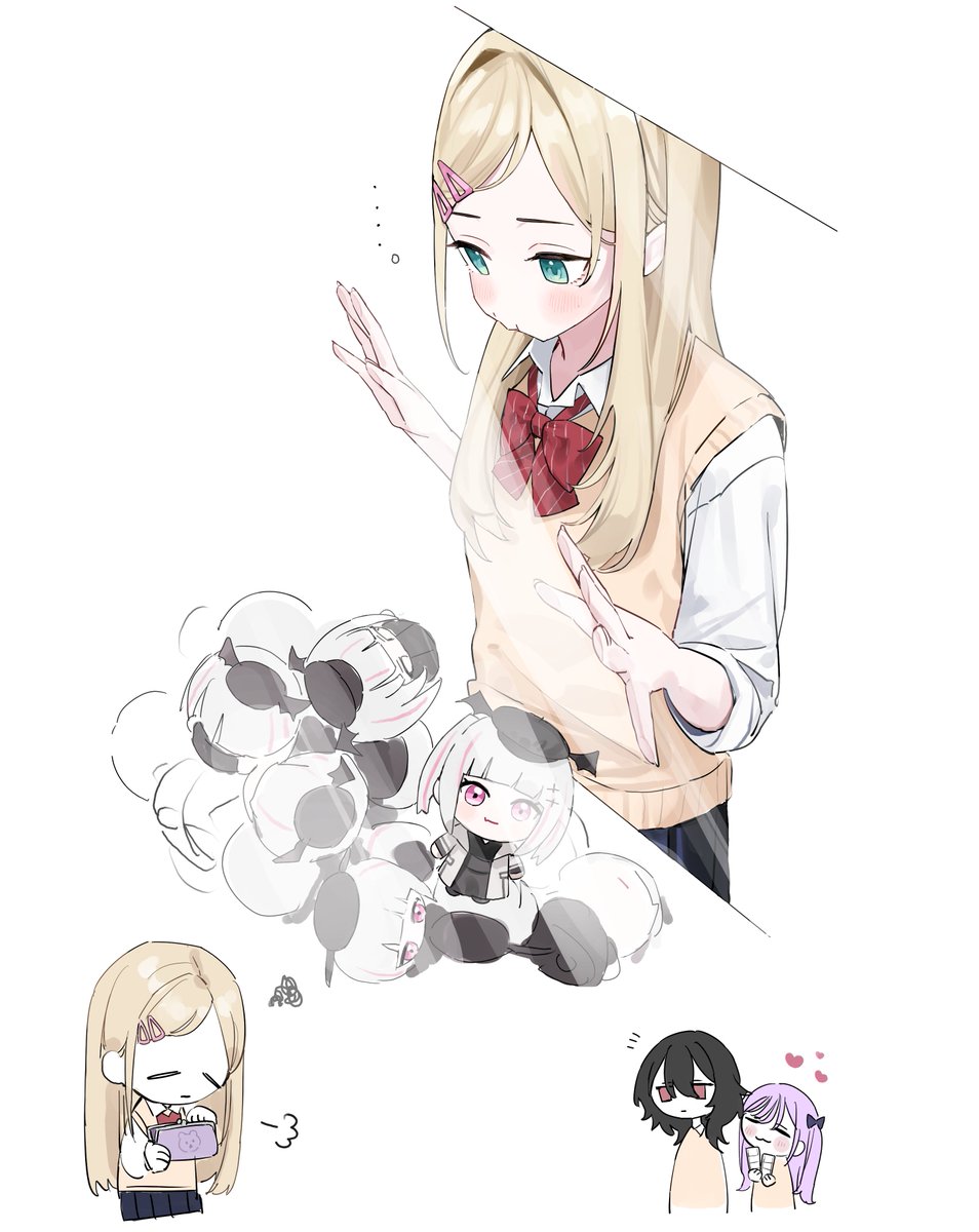 3girls, alternate_costume, asumi_sena, black_hair, blonde_hair, bow, bowtie, doll