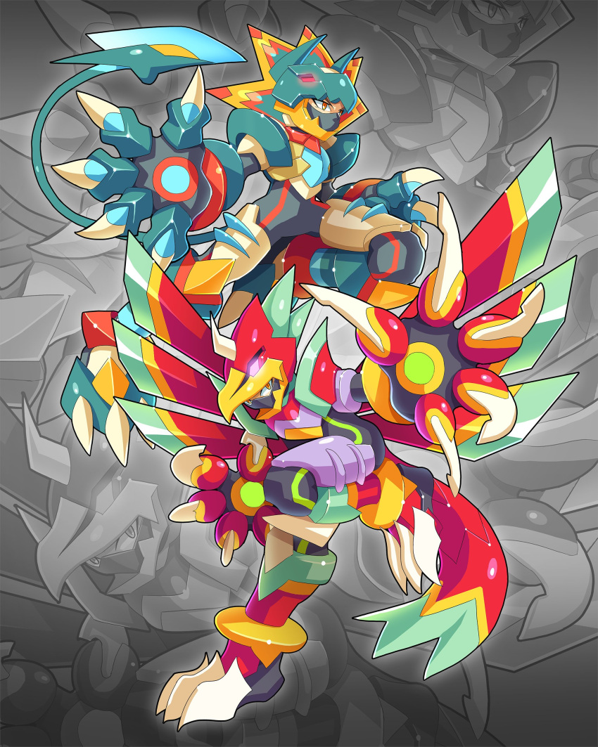 2boys, absurdres, armor, bodysuit, claws, falzar_(mega_man), fighting_stance, full_body