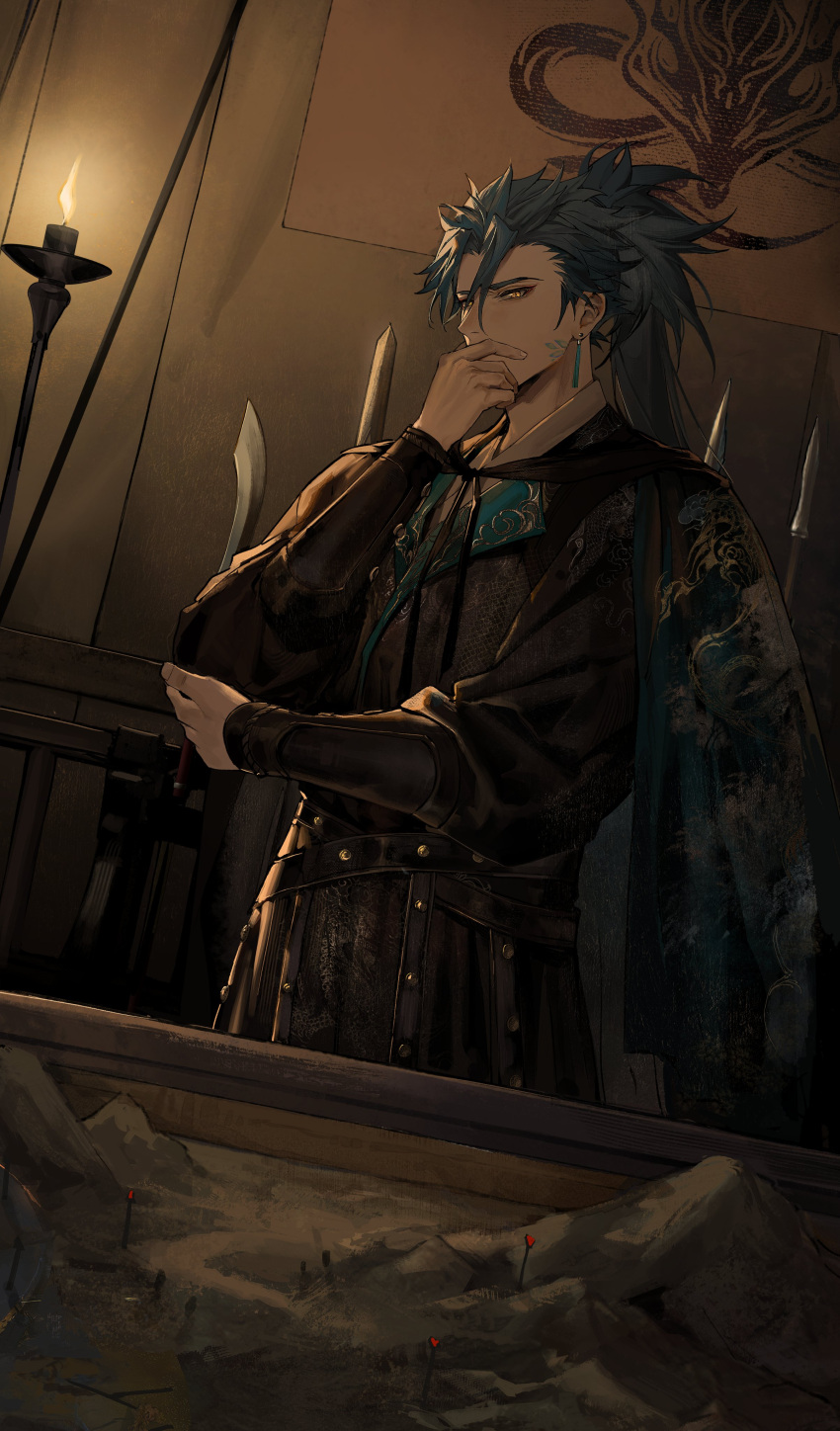 1boy, absurdres, arm_armor, black_jacket, chinese_clothes, commentary, covering_own_mouth, earrings