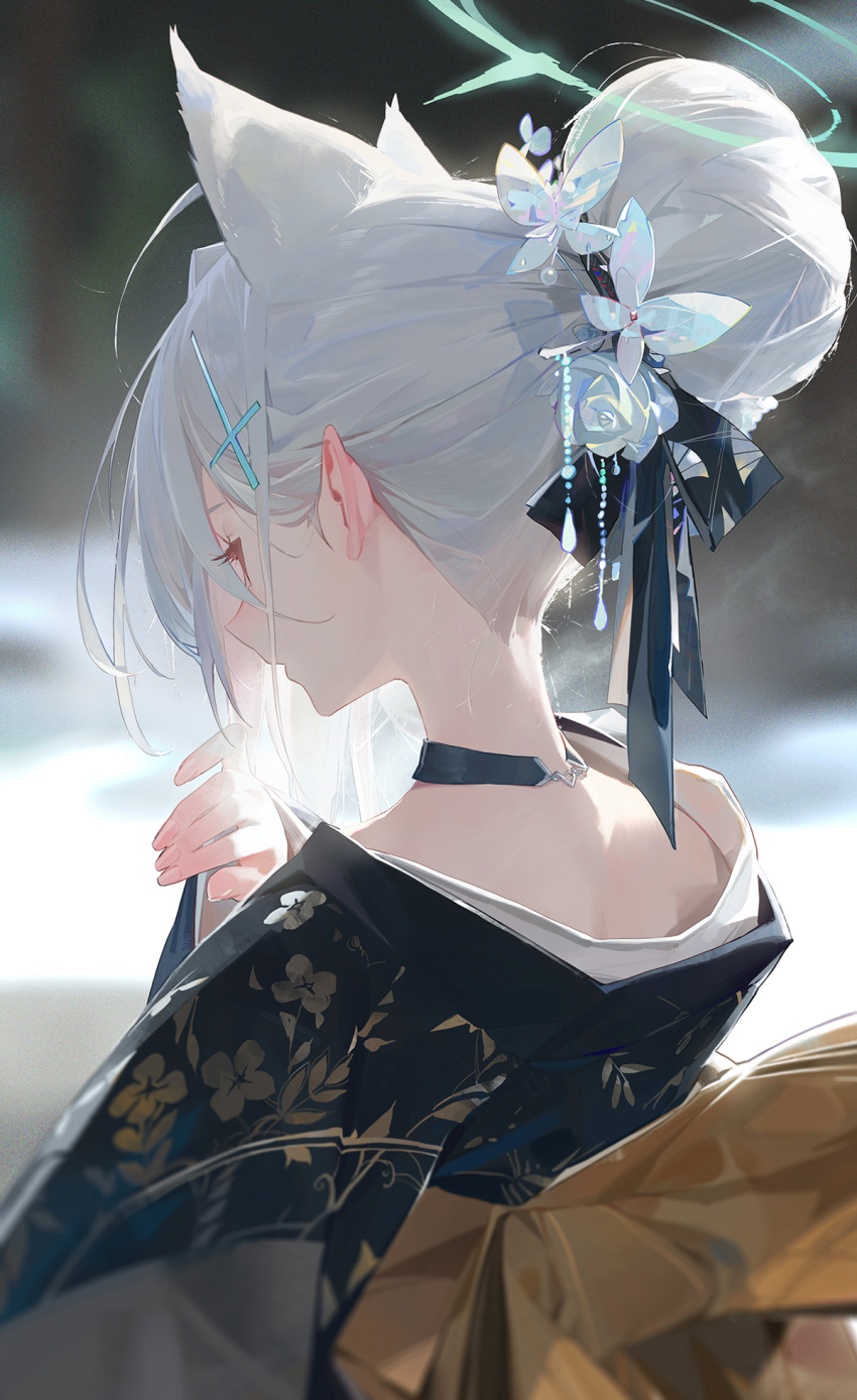 1girl, alternate_costume, alternate_hairstyle, animal_ears, blue_archive, choker, commentary, cross_hair_ornament