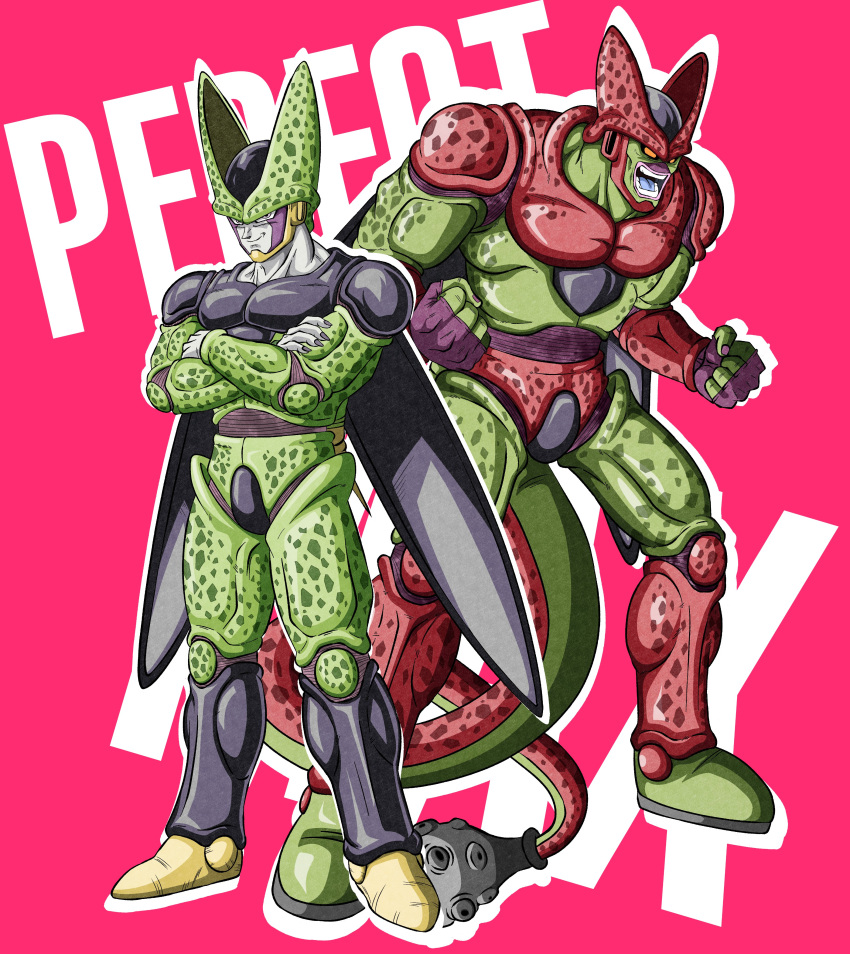 2boys, absurdres, art_jake, black_wings, cell_(dragon_ball), cell_max, character_name, colored_skin, crossed_arms, dragon_ball, dragon_ball_super, dragon_ball_super_super_hero, dragon_ball_z, full_body, green_skin, highres, multiple_boys, pink_background, simple_background, wings