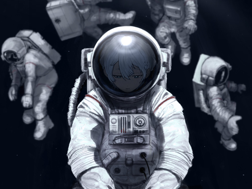 1girl, 4others, asagimuu, astronaut, bad_id, bad_twitter_id, blue_eyes, blue_hair, blurry, blurry_background, broken_helmet, closed_mouth, helmet, highres, looking_down, multiple_others, original, short_hair, space, space_helmet, spacesuit, star_(sky)
