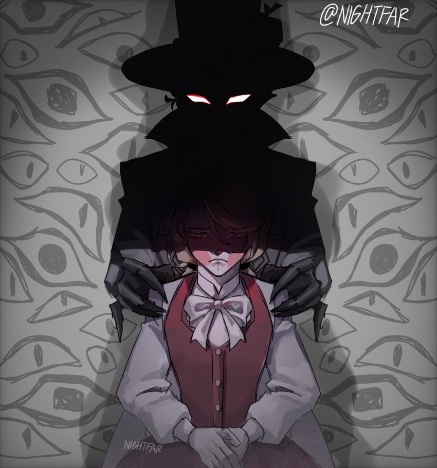 1boy, 1girl, artist_name, blonde_hair, blush_stickers, bow, bowtie, charlie_morningstar, claws, closed_eyes, commentary, english_commentary, facing_viewer, glowing, glowing_eyes, hands_on_another's_shoulders, hat, hazbin_hotel, hellaverse, highres, long_hair, long_sleeves, lucifer_morningstar_(hazbin_hotel), nightfar, puffy_long_sleeves, puffy_sleeves, red_vest, swept_bangs, top_hat, vest, white_bow, white_bowtie, white_eyes