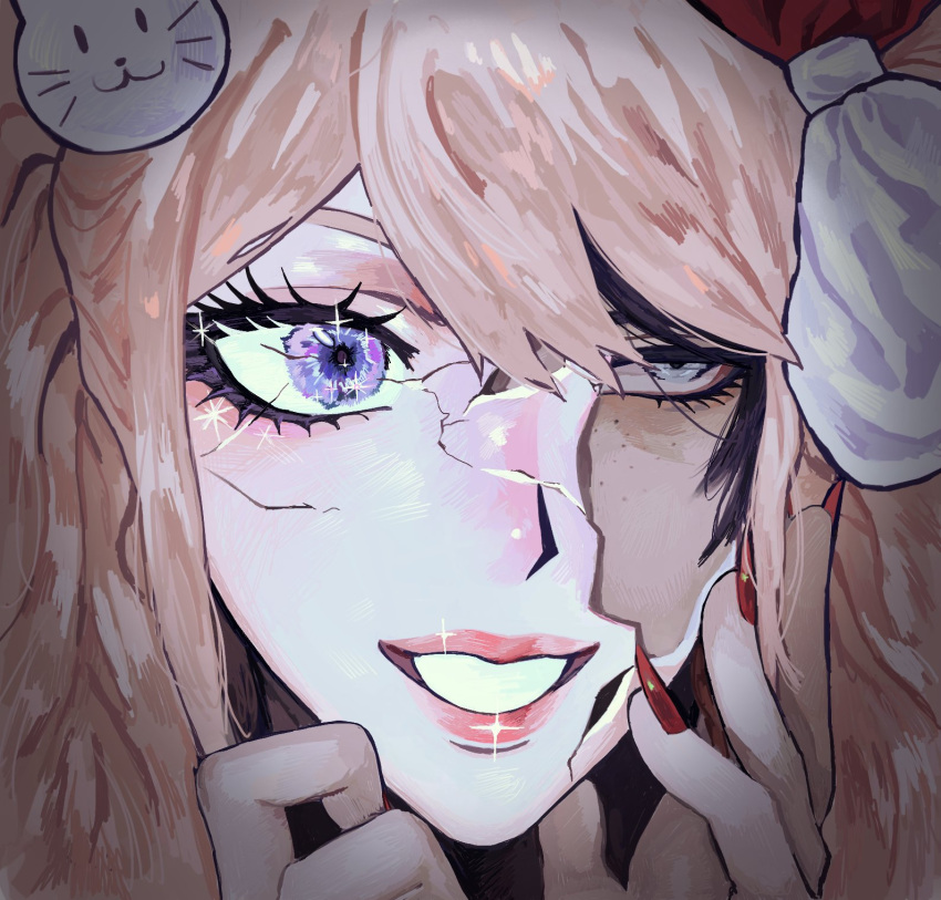 bear_hair_ornament, black_hair, blonde_hair, blush, bow, cosplay, cracked_kawaii_mask, danganronpa:_trigger_happy_havoc
