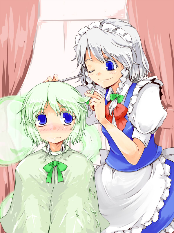 blue_eyes, blush, cutting_hair, face, frown, green_hair, hairdressing, idahopotato