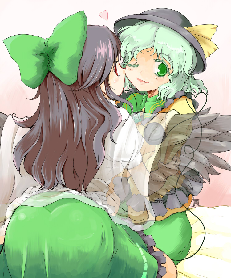 aqua_hair, arm_grab, black_hair, face, green_eyes, heart, idahopotato, kanoe_soushi, komeiji_koishi, komeiji_satori, multiple_girls, red_eyes, reiuji_utsuho, touhou, transparent, wings, wink