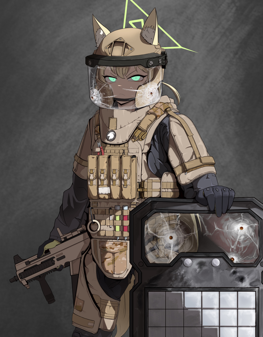 1girl, absurdres, animal_ears, black_gloves, blonde_hair, blue_archive, bullet_hole, bulletproof_vest