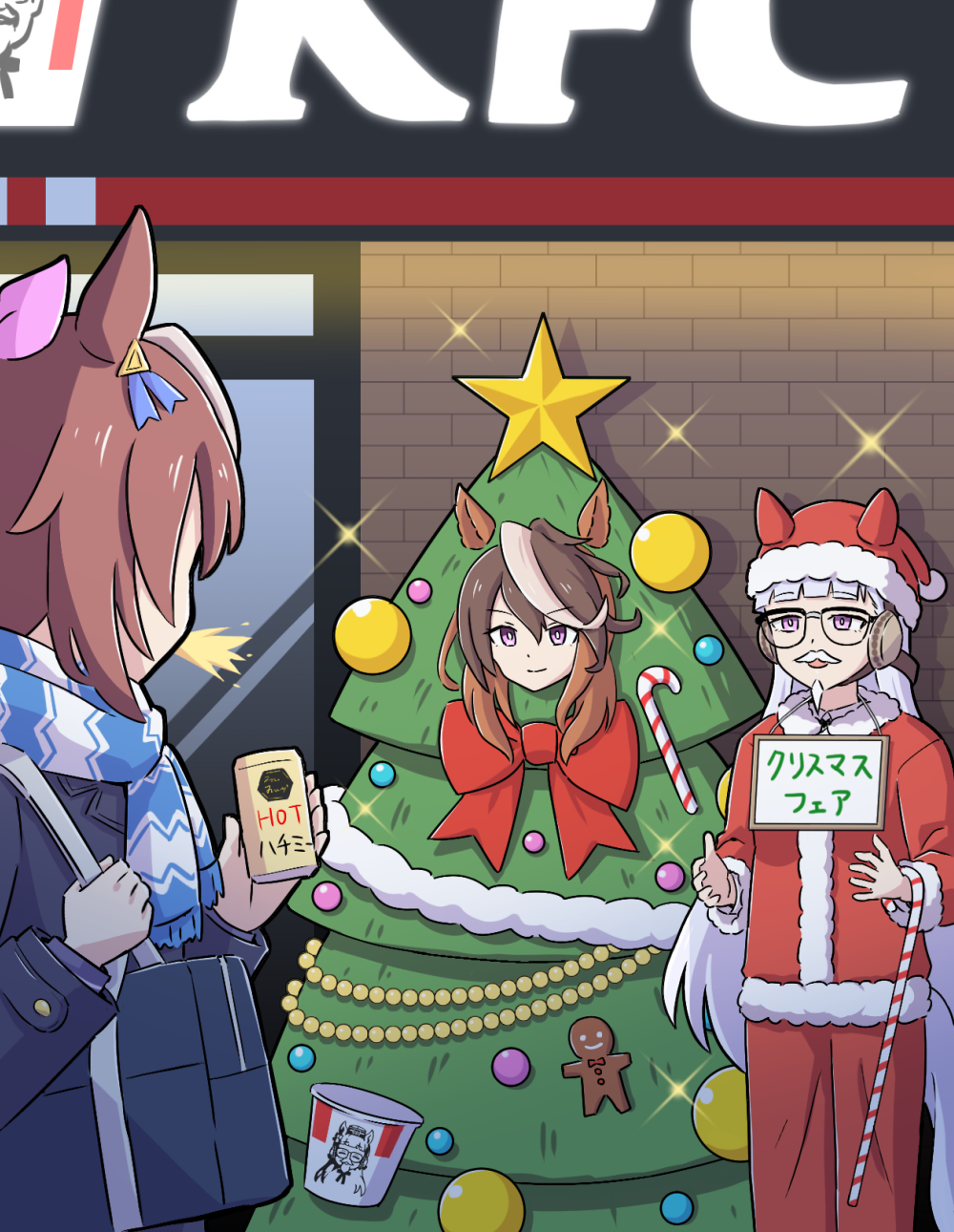 3girls, animal_ears, bag, blue_coat, blue_scarf, blunt_bangs, bow, breasts