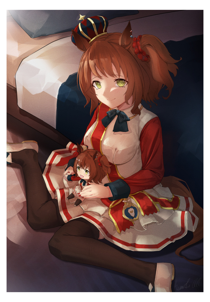1girl, absurdres, animal_ears, aston_machan_(flare)_(umamusume), aston_machan_(umamusume), bed, black_bow, black_bowtie