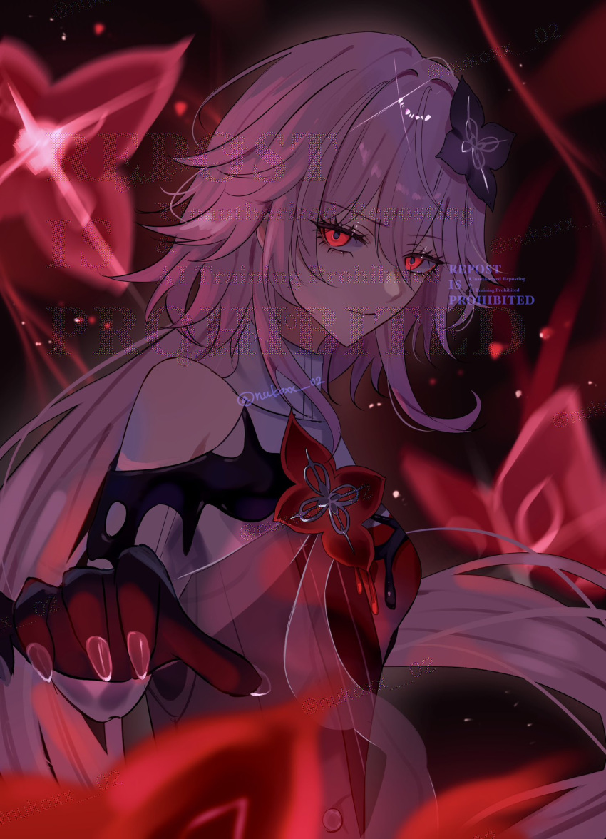 1girl, black_flower, black_gloves, breasts, closed_mouth, commentary_request, dress, evernight_(honkai:_star_rail)