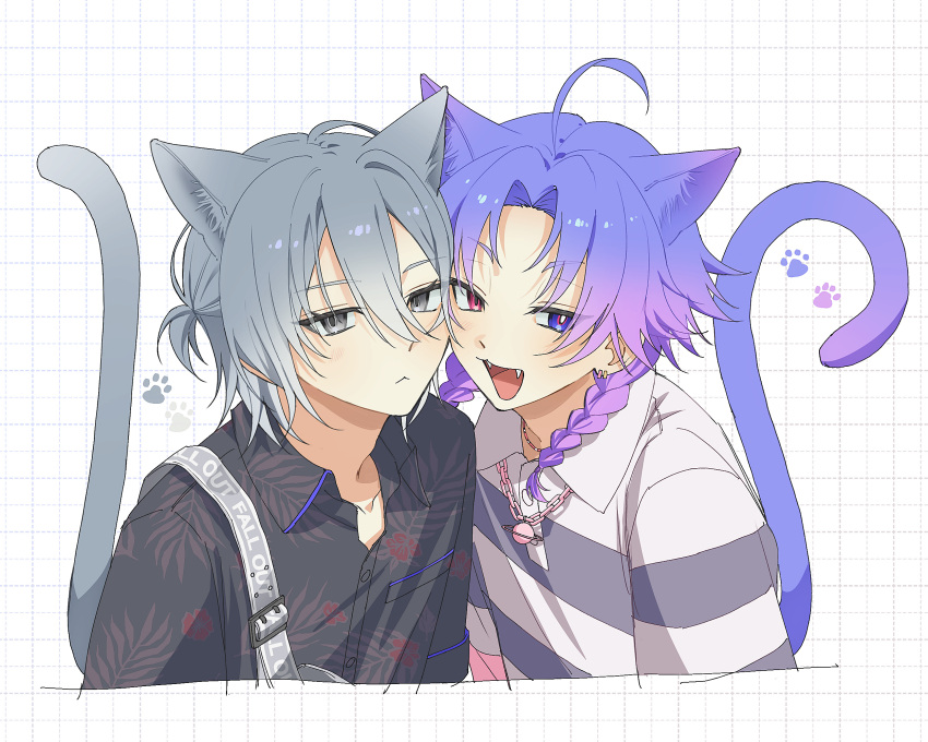 18trip, 2boys, :<, :d, ahoge, animal_ear_fluff, animal_ears, black_shirt, blue_eyes, braid, cat_ears, cat_tail, collared_shirt, commentary, cropped_torso, curled_tail, earrings, fangs, floral_print, gradient_hair, grey_eyes, grey_hair, hachinoya_nagi, hair_between_eyes, heterochromia, highres, jewelry, kemonomimi_mode, looking_at_viewer, low_twin_braids, male_focus, multicolored_hair, multiple_boys, natsuyaki_chihiro, open_mouth, patterned_clothing, paw_print, pink_hair, planet_necklace, ppppp_hnt, purple_hair, red_eyes, shirt, smile, striped_clothes, striped_shirt, symbol-only_commentary, tail, twin_braids, upper_body