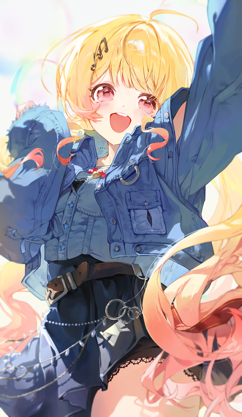 :d, absurdres, ahoge, arm_up, beamed_eighth_notes, belt, black_skirt, blonde_hair