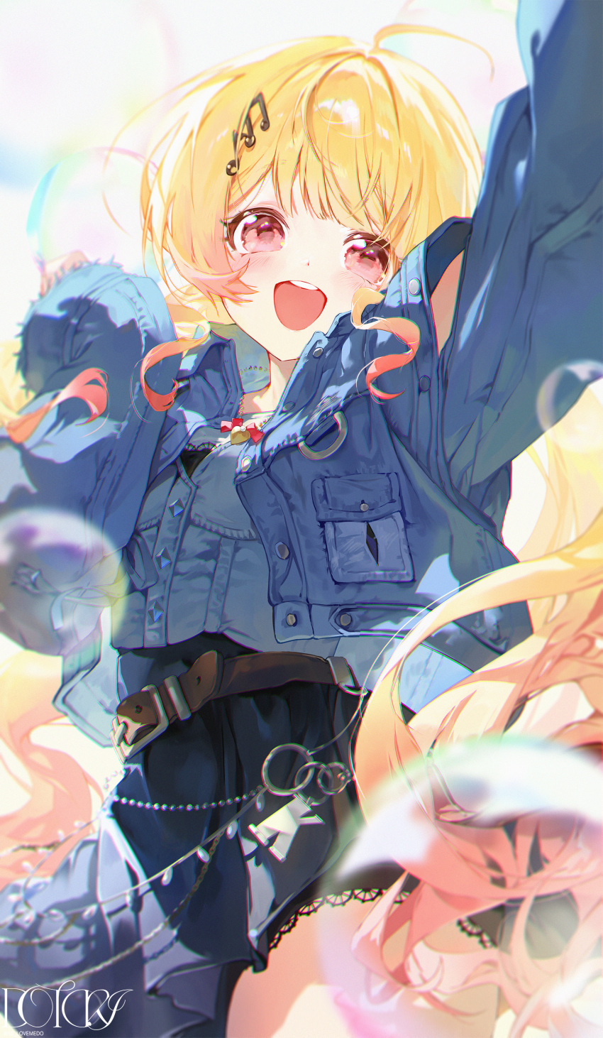 :d, absurdres, ahoge, arm_up, beamed_eighth_notes, belt, black_skirt, blonde_hair