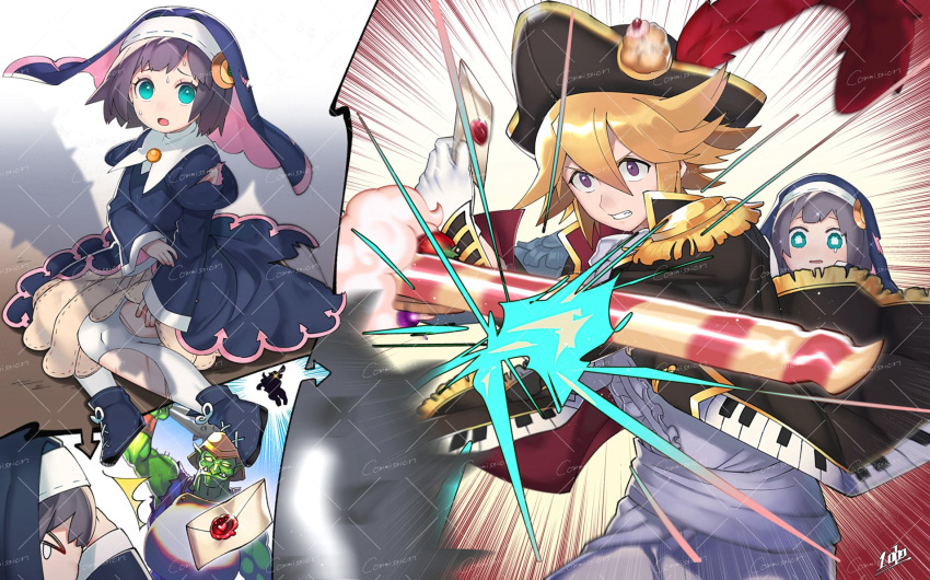 1girl, 2boys, aqua_eyes, blonde_hair, candy, duel_monster, food, goblin