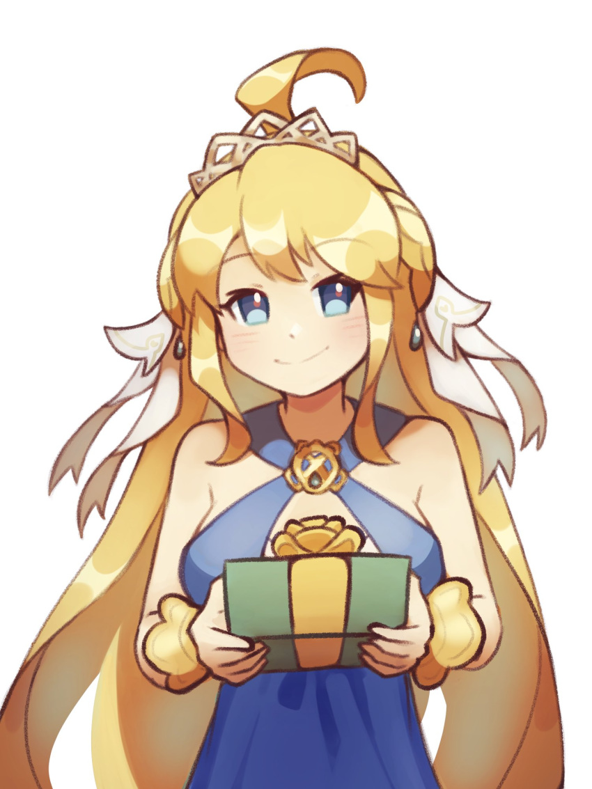 1girl, ahoge, alt_text, bare_shoulders, blonde_hair, blue_dress, blue_eyes, box