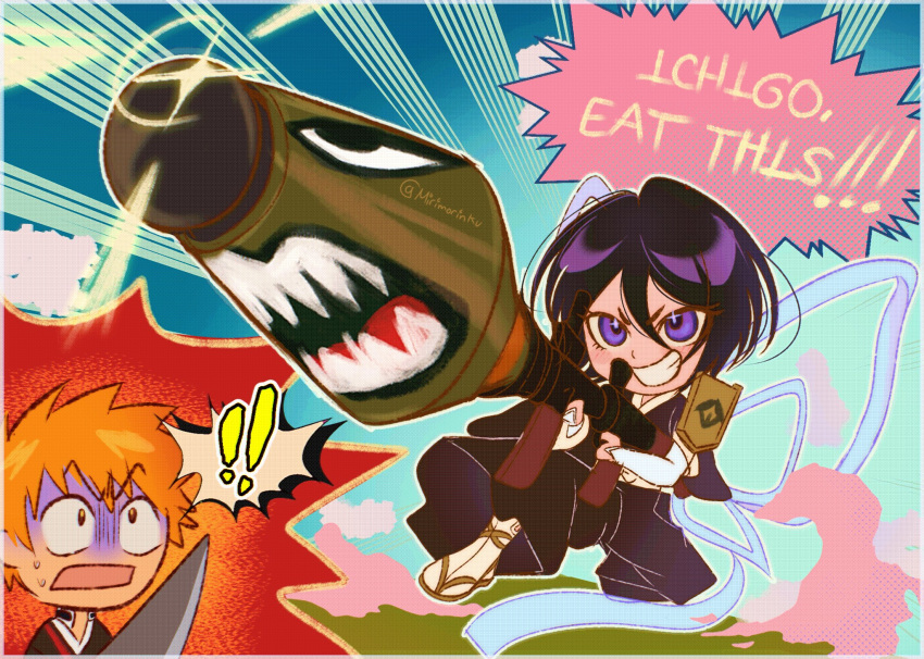 1boy, 1girl, black_hair, bleach, commentary, english_commentary, fortnite, gun