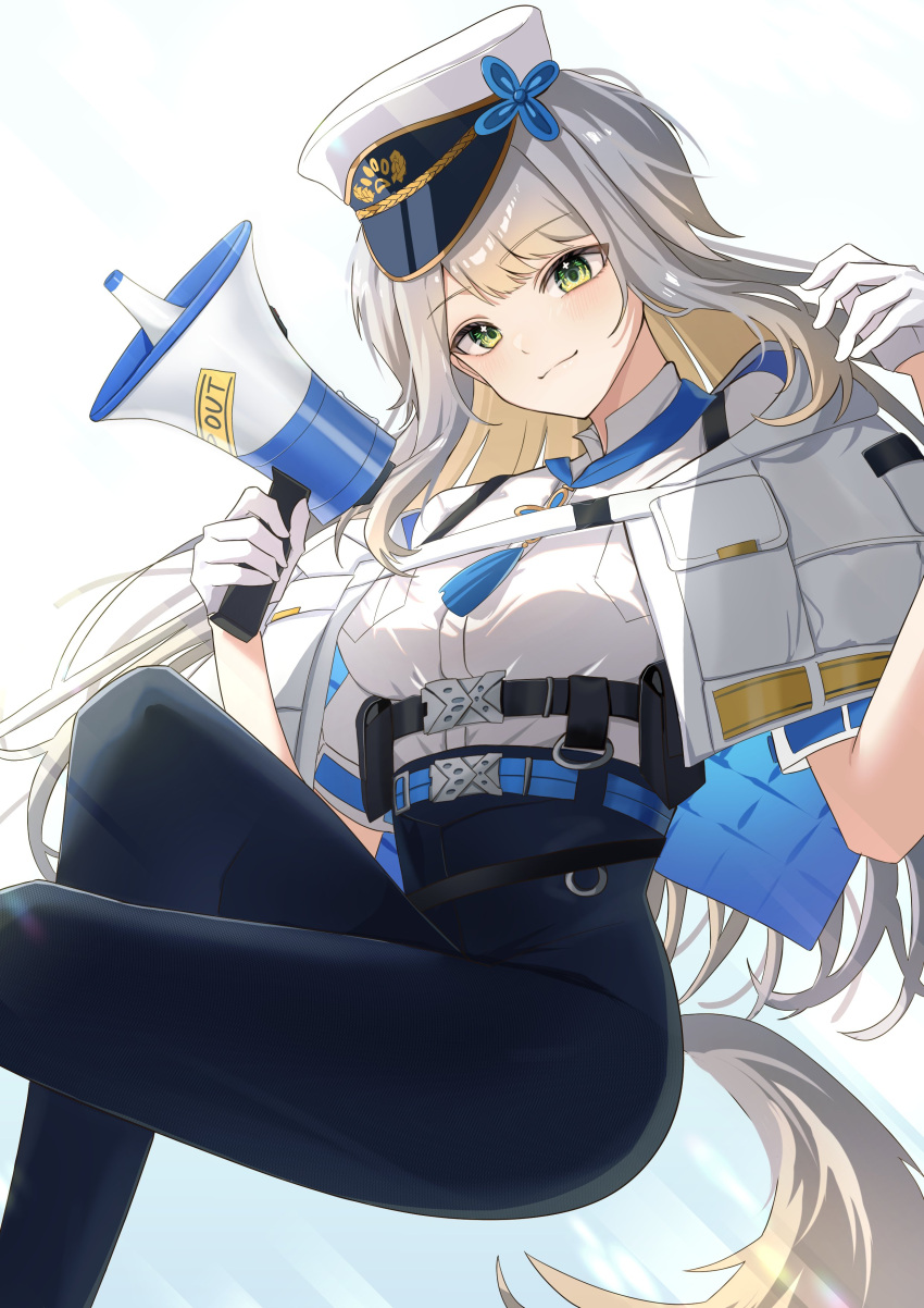 absurdres, blue_pants, breasts, dog_girl, dog_tail, gloves, green_eyes, grey_hair, grey_tail, hashtag-only_commentary, hat, highres, holding, holding_megaphone, kanan_ria, looking_at_viewer, medium_breasts, megaphone, nijisanji, pants, police, police_hat, police_uniform, policewoman, shioriha_ruri, shioriha_ruri_(1st_costume), tail, white_gloves