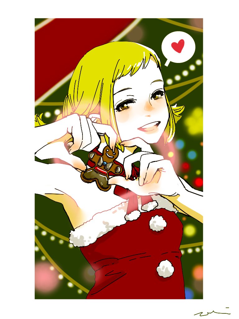 1girl, armpits, blonde_hair, border, braid, breasts, brown_eyes, christmas