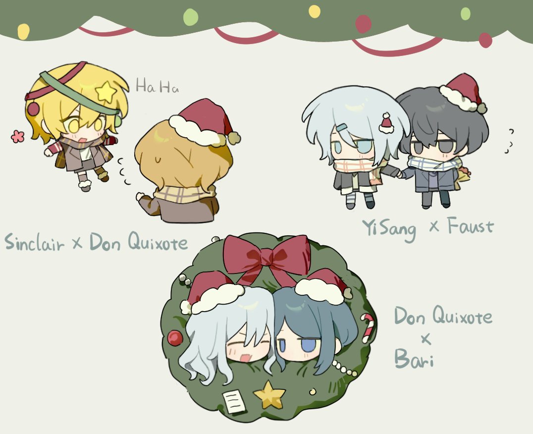 3boys, 3girls, bari_(project_moon), black_hair, blonde_hair, blue_eyes, blue_hair, chibi