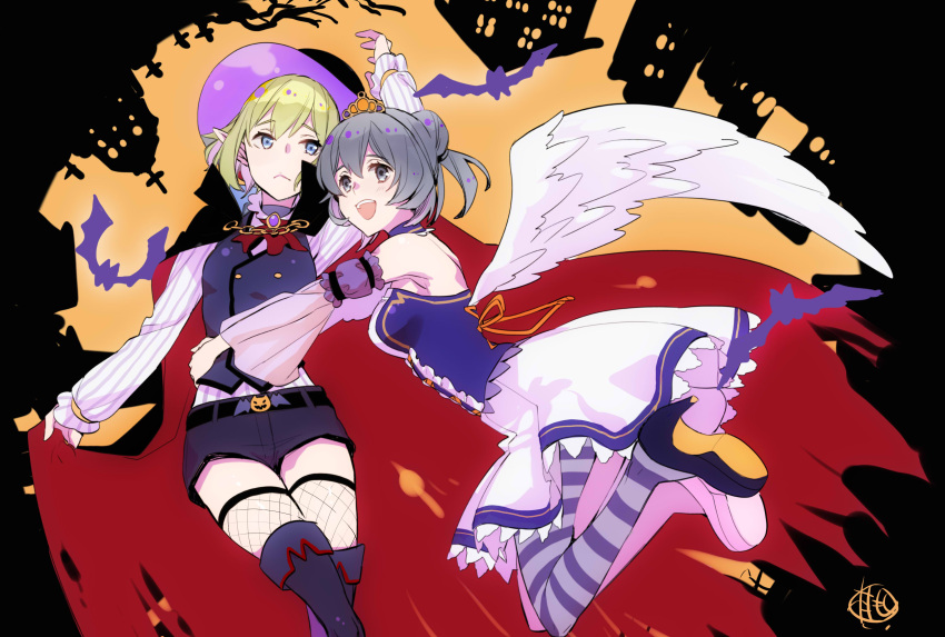 2girls, :d, absurdres, arm_up, arms_around_waist, bare_shoulders, black_shorts, black_vest