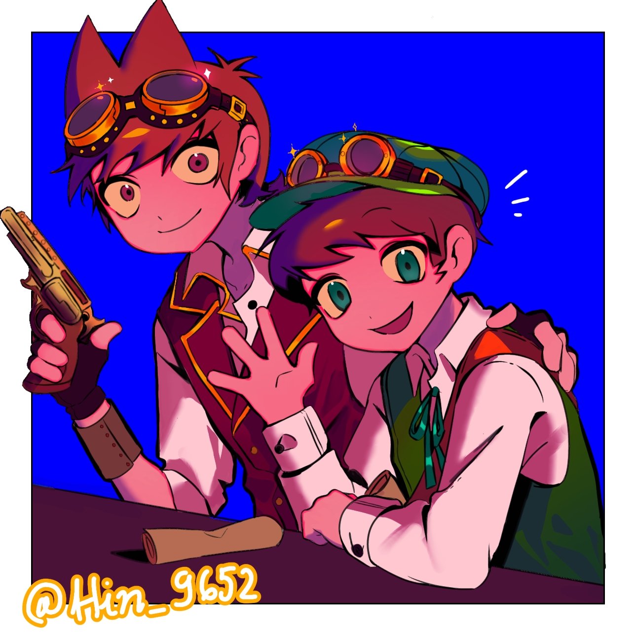 2boys, alternate_costume, alternate_universe, animification, antenna_hair, black_gloves, blue_background, border, brown_hair, commentary, edd_(eddsworld), eddsworld, english_commentary, fingerless_gloves, formal_clothes, gloves, goggles, goggles_on_head, goggles_on_headwear, green_eyes, green_hat, green_vest, gun, hair_ears, hand_on_another's_shoulder, hat, highres, hin_9652, holding, holding_gun, holding_weapon, long_sleeves, looking_at_viewer, male_focus, multiple_boys, notice_lines, open_mouth, paper, red_eyes, red_vest, shirt, short_hair, signature, simple_background, smile, steampunk, tord_(eddsworld), vest, weapon, white_border, white_shirt, wrist_cuffs
