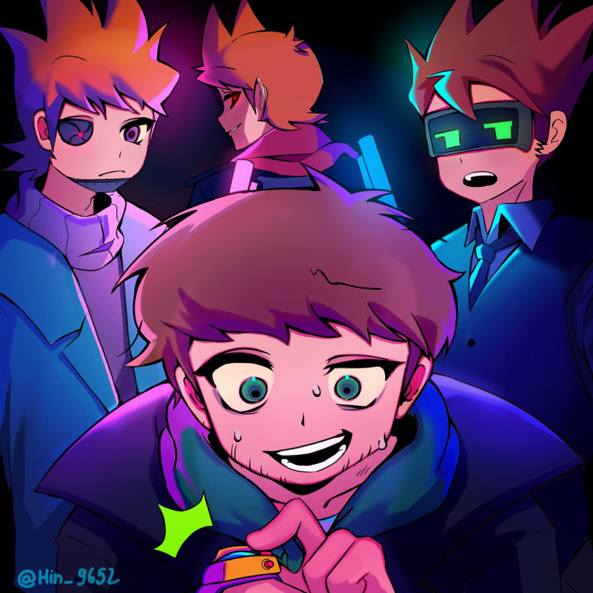 4boys, animification, antenna_hair, artificial_eye, beard_stubble, black_background, black_coat, black_necktie