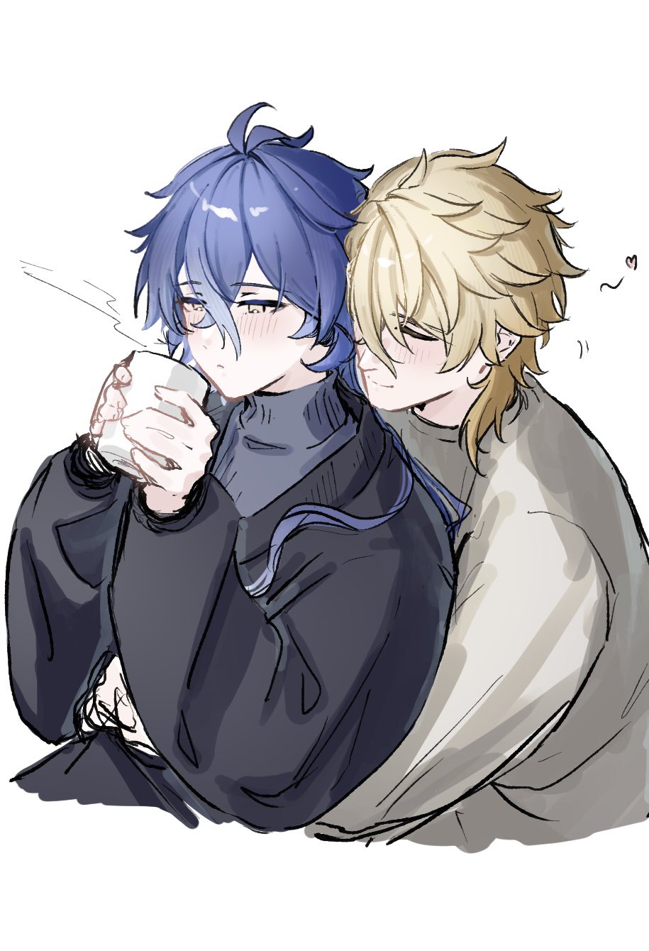 2boys, ahoge, black_hoodie, blonde_hair, blush, closed_eyes, closed_mouth, cup