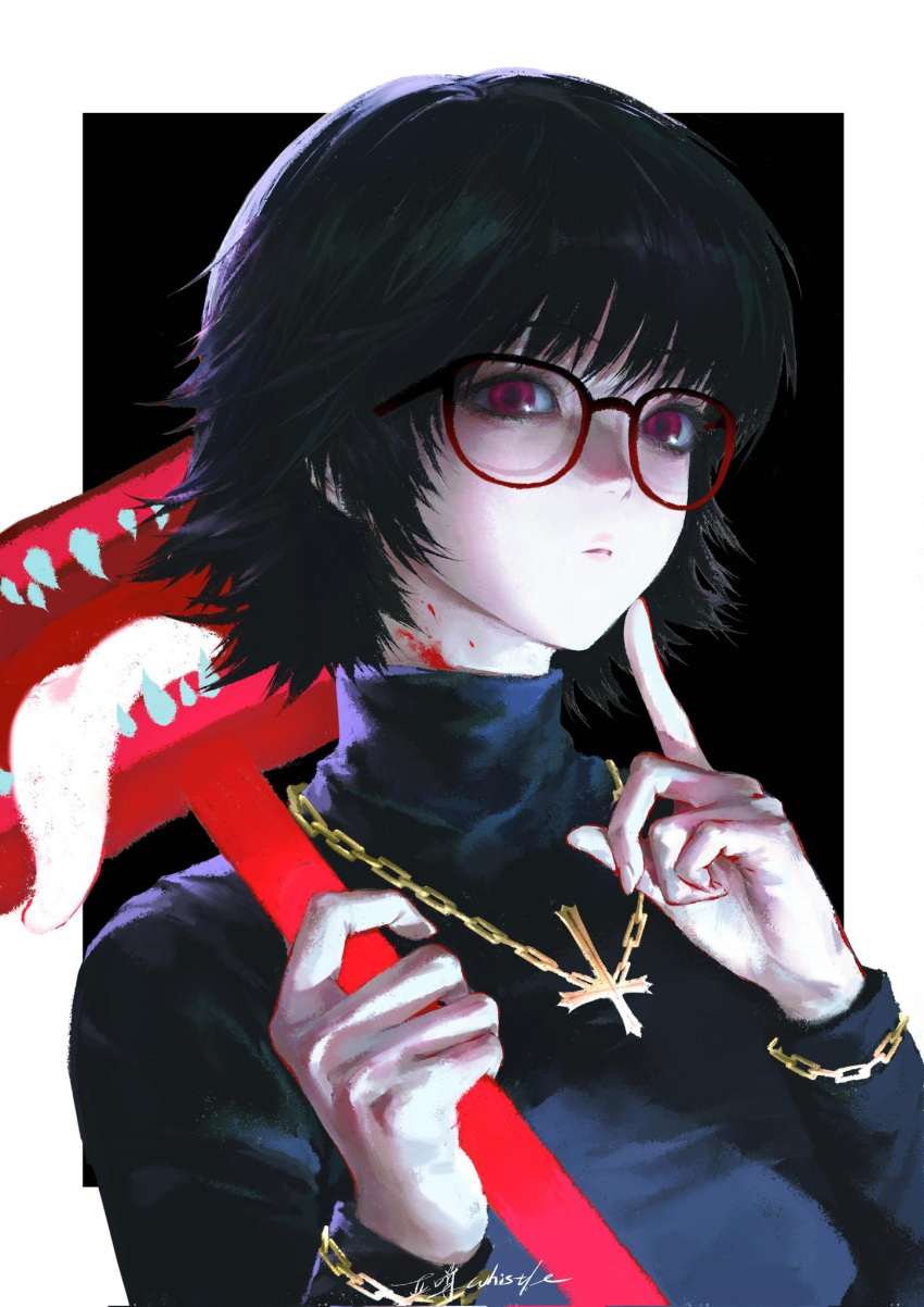 1girl, black_hair, black_sweater, blinky_(hunter_x_hunter), finger_to_own_chin, glasses, highres, hunter_x_hunter