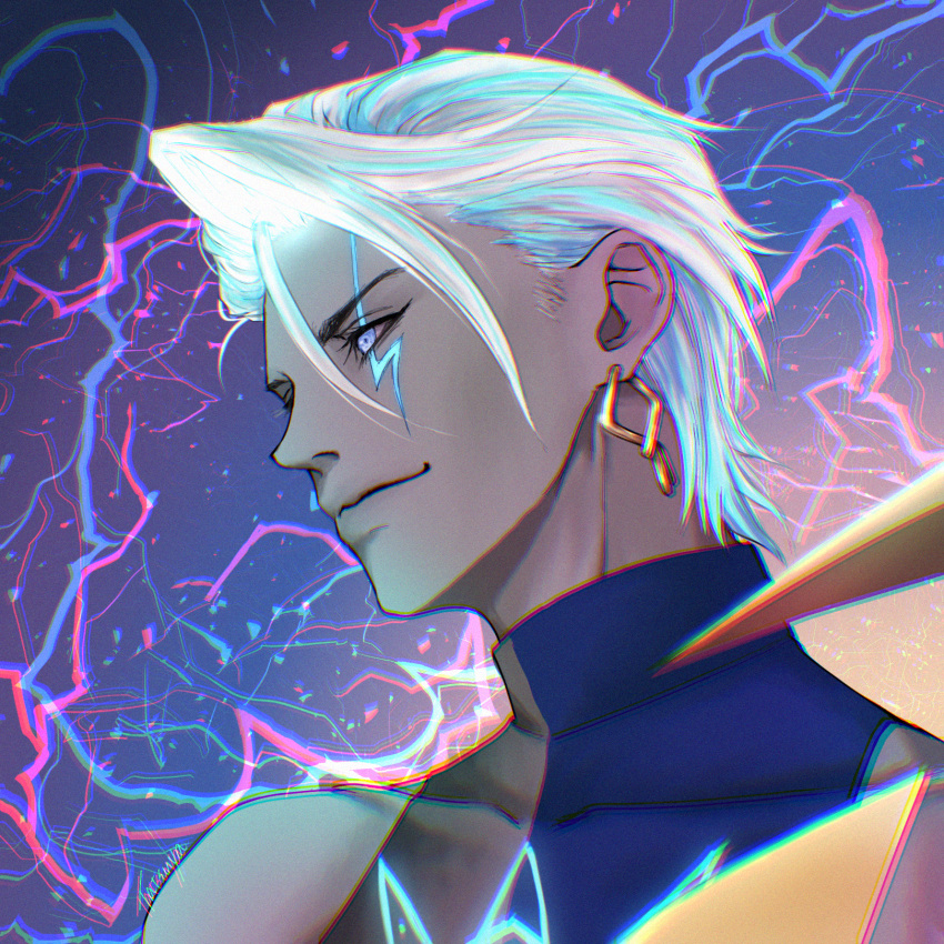 1boy, blue_eyes, colored_skin, commentary_request, earrings, fate/grand_order, fate_(series), grey_skin, hair_slicked_back, highres, indra_(fate), indra_(third_ascension)_(fate), jewelry, junkichi1222_(ryuya), lightning, lightning_bolt_facial_mark, male_focus, shirt, sleeveless, sleeveless_shirt, white_hair