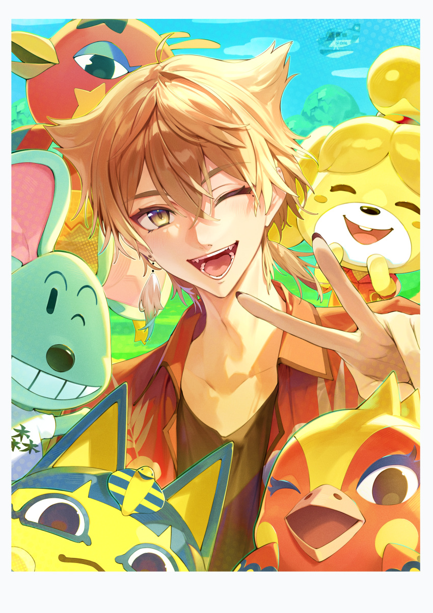 2boys, 4girls, absurdres, aircraft, airplane, animal_crossing, animal_crossing:_new_horizons, ankha_(animal_crossing), bird_girl, black_shirt, border, cat_girl, closed_eyes, dog_girl, flipped_hair, fushimi_gaku, fushimi_gaku_(2nd_costume), hawaiian_shirt, highres, isabelle_(animal_crossing), looking_at_viewer, mouse_boy, multiple_boys, multiple_girls, nezumidoshi, nijisanji, one_eye_closed, open_clothes, open_mouth, open_shirt, orange_hair, phoebe_(animal_crossing), photobomb, red_shirt, rio_(animal_crossing), samson_(animal_crossing), seaplane, shirt, sky, smile, teeth, tree, upper_body, v, virtual_youtuber, white_border, yellow_eyes