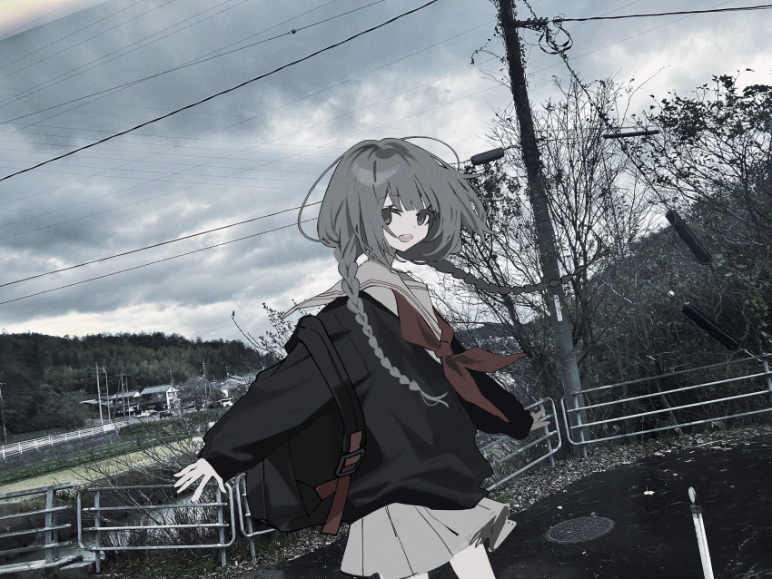 1girl, :d, backpack, bag, black_bag, black_cardigan, braid, cardigan