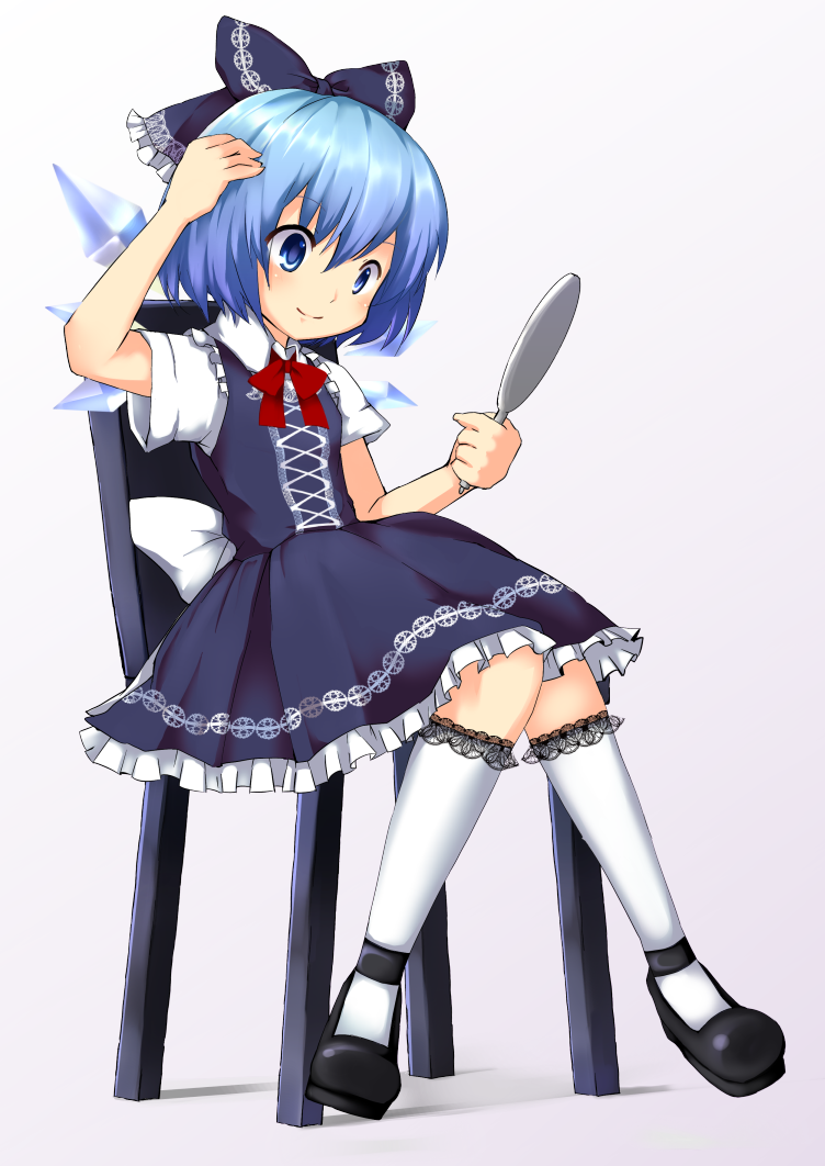 blue_dress, blue_eyes, blue_hair, bow, chair, cirno, dress, footwear