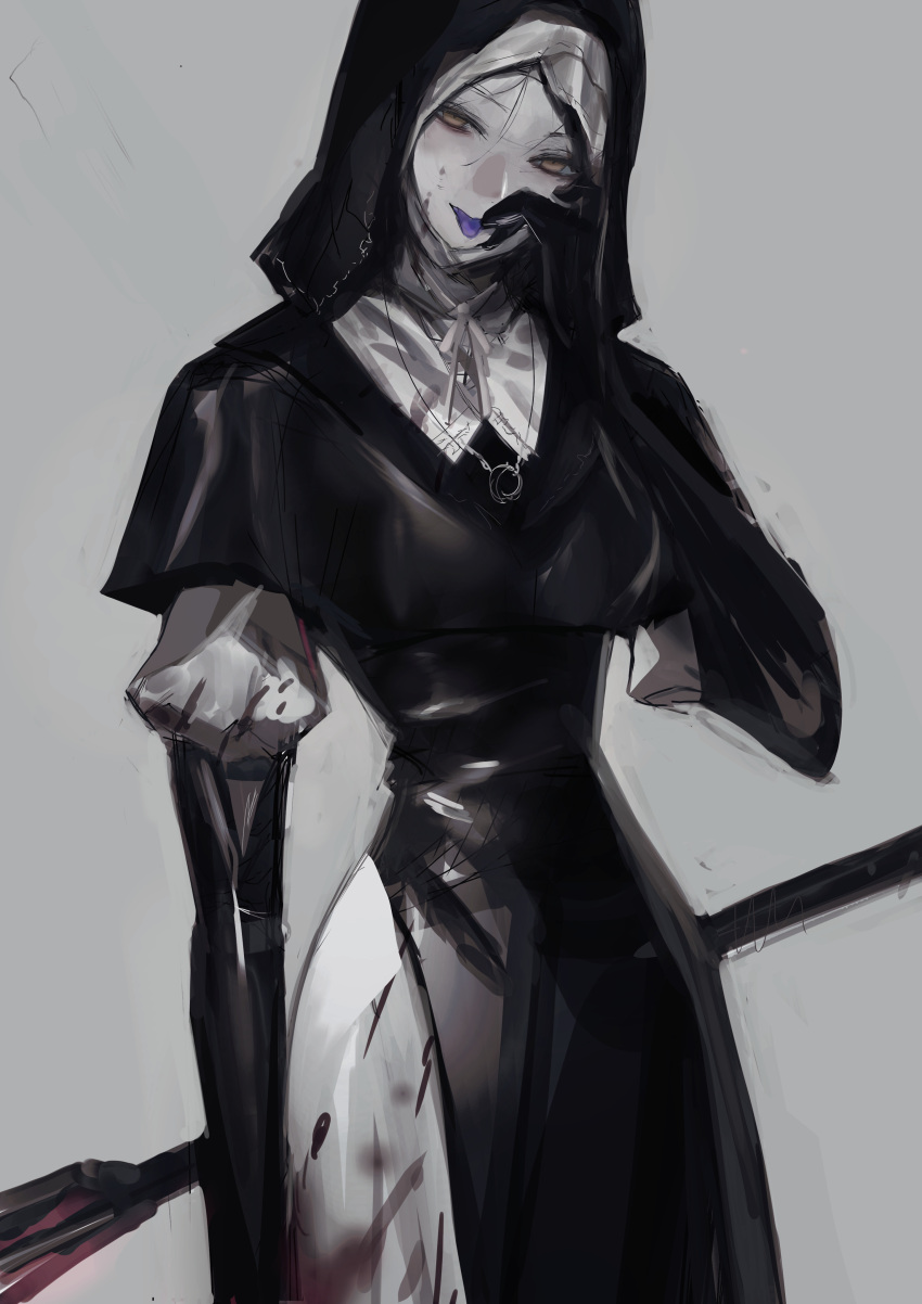 1girl, absurdres, black_bodice, black_capelet, blood, blood_on_clothes, blood_on_weapon, capelet