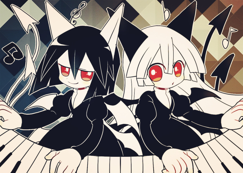 2girls, animal_ears, arbus_(funamusea), ater_(funamusea), black_dress, black_hair, blunt_bangs, cat_ears