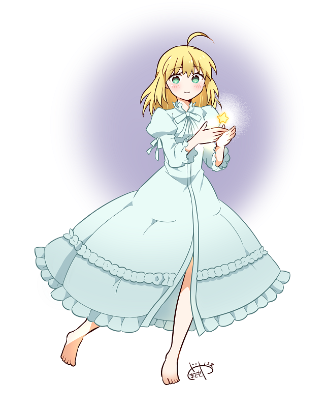 1girl, ahoge, artoria_pendragon_(fate), barefoot, blonde_hair, blue_dress, dress, fate/stay_night