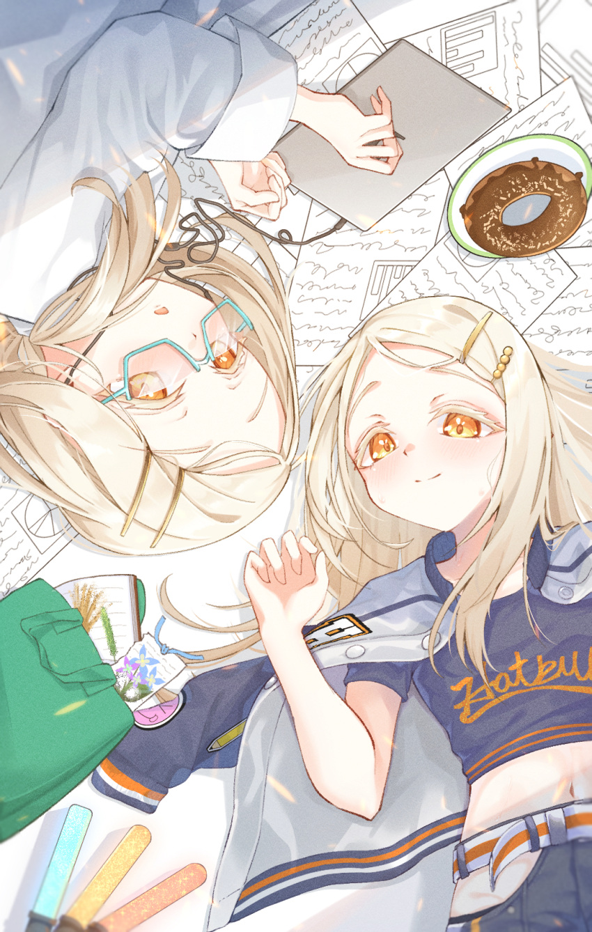 2girls, amaneshu_vt, aqua-framed_eyewear, belt, black_jacket, black_pants, black_shirt, blonde_hair