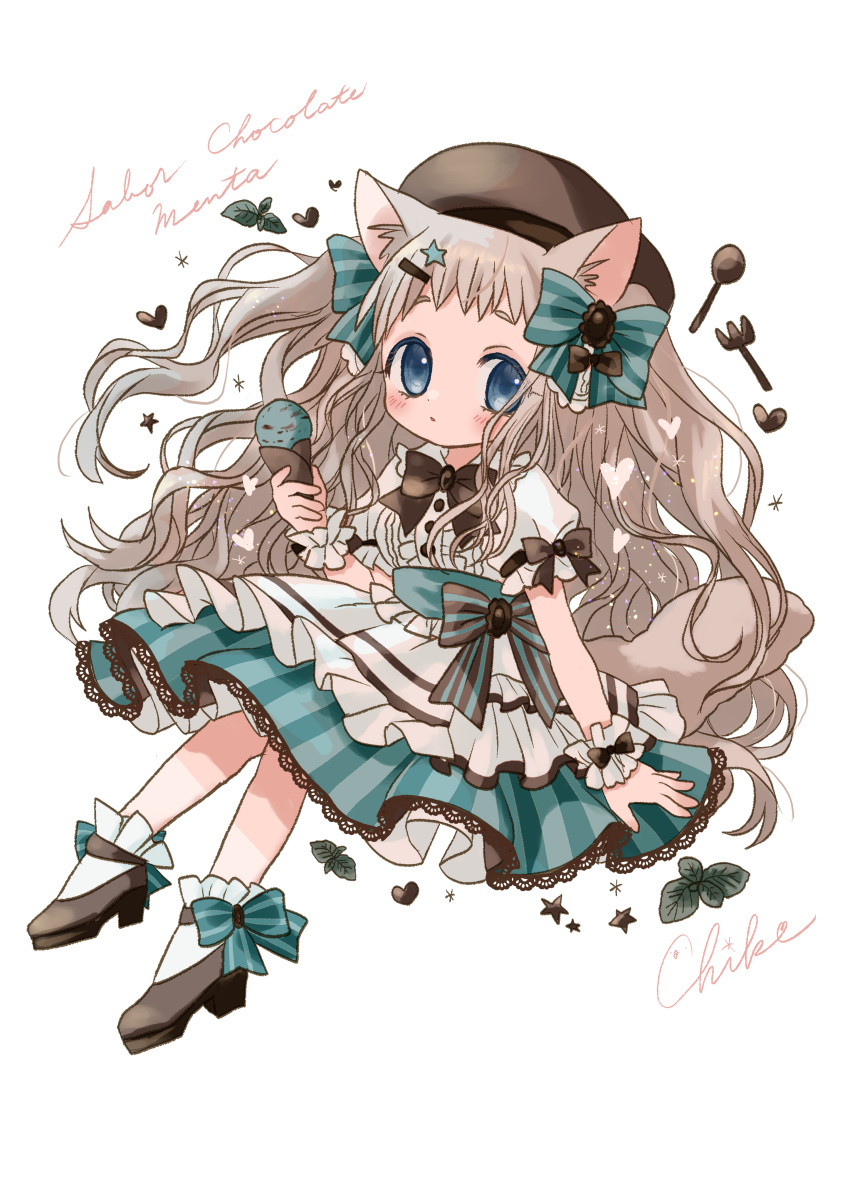 1girl, absurdres, accurate_lolita_coord, animal_ears, apron, beret, blue_eyes, bow, brown_bow, brown_hair, brown_hat, brown_shoes, cat_ears, cat_girl, cat_tail, chiko_(star_pocco), choco_girl, commentary_request, fashion, food, full_body, green_bow, green_skirt, hair_bow, hair_ornament, hat, highres, holding, holding_food, holding_ice_cream, holding_ice_cream_cone, ice_cream, ice_cream_cone, lace-trimmed_skirt, lace_trim, leaf, lolita_fashion, long_hair, looking_at_viewer, mint_chocolate, original, shirt, shoes, simple_background, skirt, socks, solo, star_(symbol), star_hair_ornament, striped_bow, sweet_lolita, tail, very_long_hair, wavy_hair, white_apron, white_background, white_shirt, white_socks