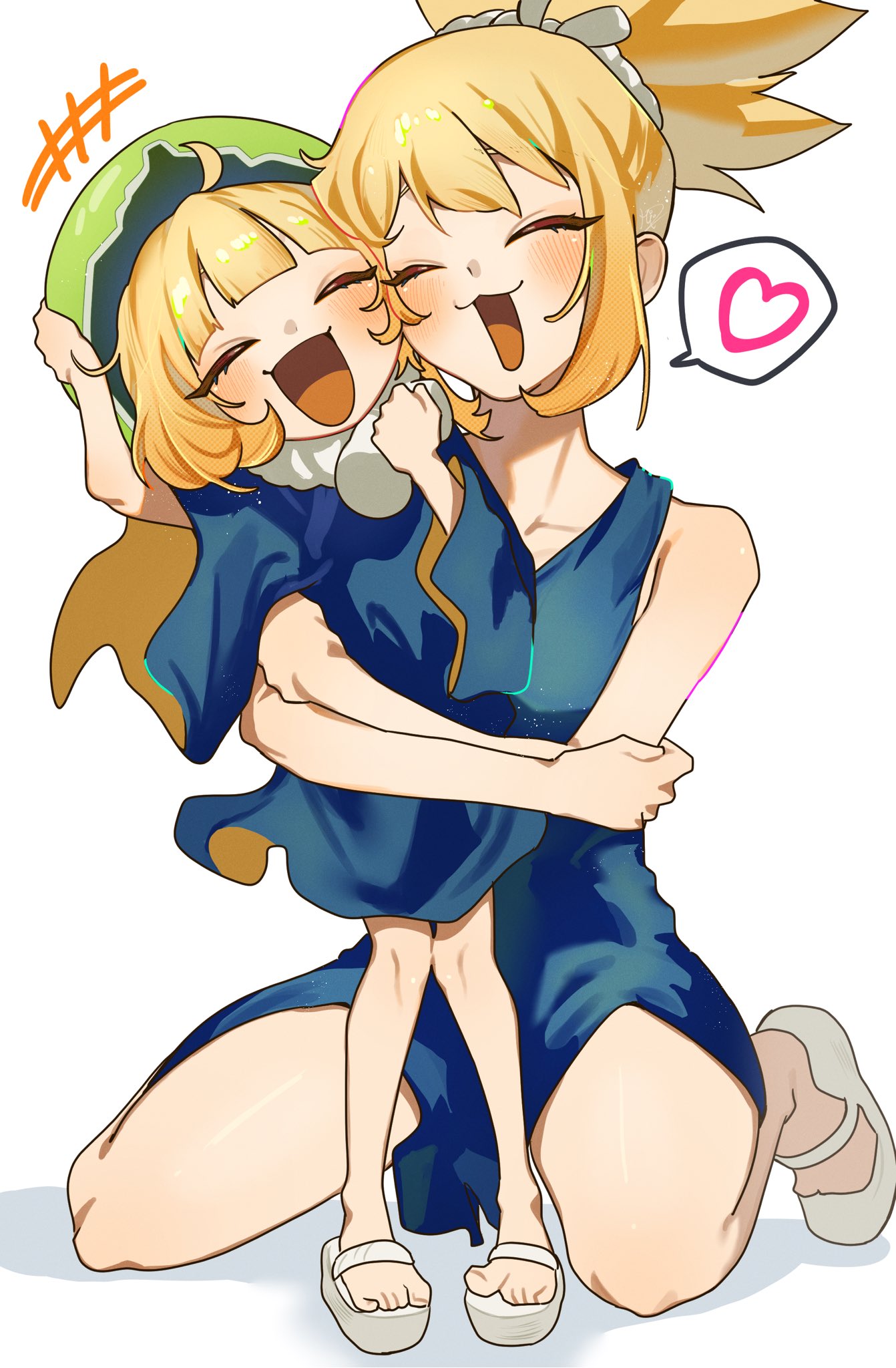 2girls, :3, :d, aged_down, blonde_hair, blue_dress, blunt_bangs, blush