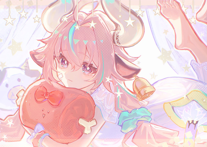 1girl, ahoge, animal_ears, aqua_hair, bandaid, bandaid_on_cheek, bandaid_on_face, barefoot