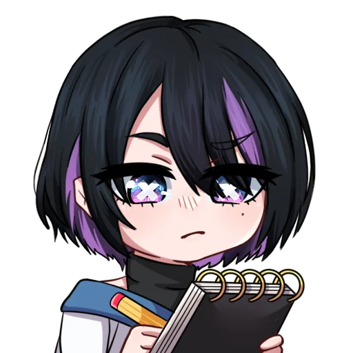 1girl, black_hair, hair_between_eyes, hikka_(oc), hikka_(website), holding, holding_notebook, holding_pencil