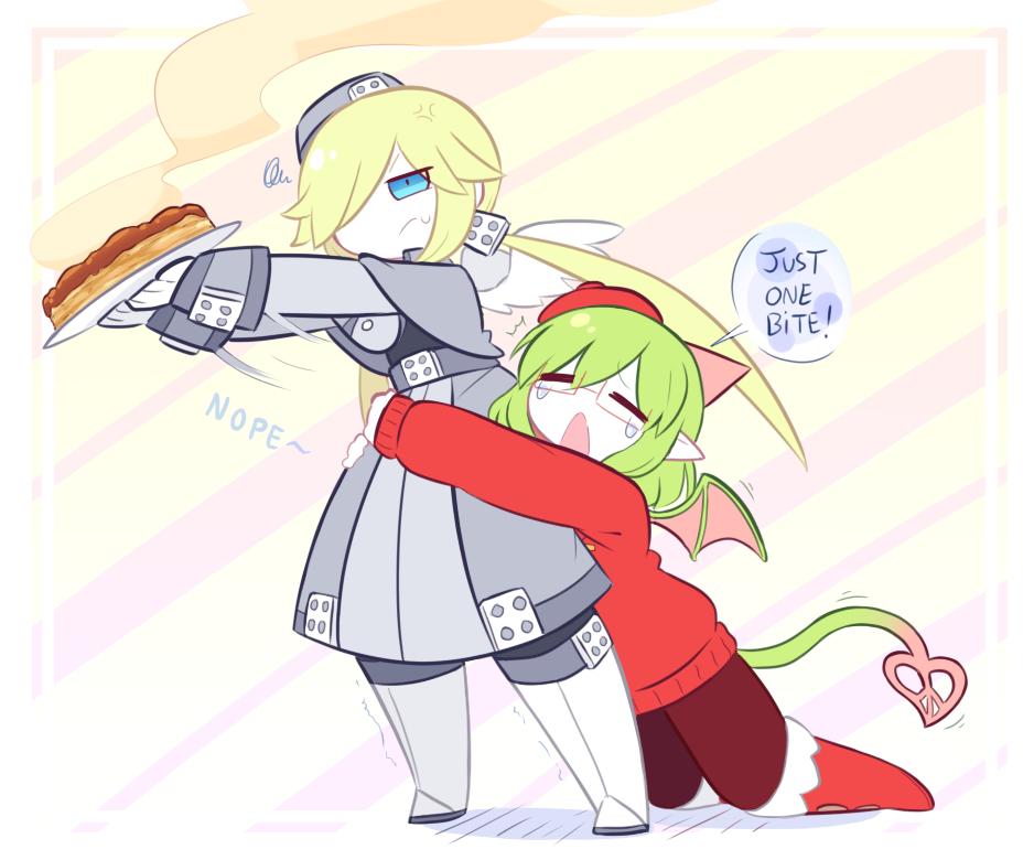 2girls, =_=, angel, angel_wings, apple_pie, beret, blonde_hair, boots