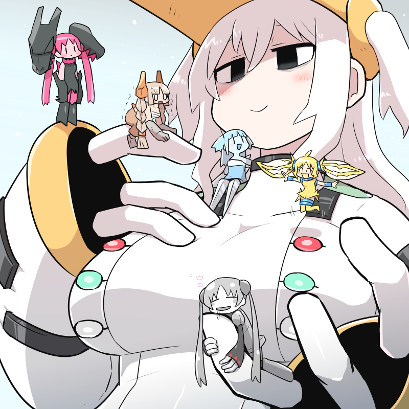 6+girls, black_eyes, blonde_hair, blue_hair, blue_skin, blush_stickers, braid, braided_twintails, breasts, brown_hair, colored_skin, commentary, drago_(kasugai_(de-tteiu)), drooling, eleki_(kasugai_(de-tteiu)), fewer_digits, giant, giantess, grey_hair, grey_skin, huge_breasts, ice_(kasugai_(de-tteiu)), kasugai_(de-tteiu), makhia_(kasugai_(de-tteiu)), multiple_girls, personification, pink_skin, pokemon, red_hair, regice, regidrago, regieleki, regigigas, regirock, registeel, rock_(kasugai_(de-tteiu)), sidelocks, standing_on_another's_chest, standing_on_another's_hand, standing_on_person, steel_(kasugai_(de-tteiu)), trembling, twintails, two_side_up, white_hair, yellow_skin, |_|
