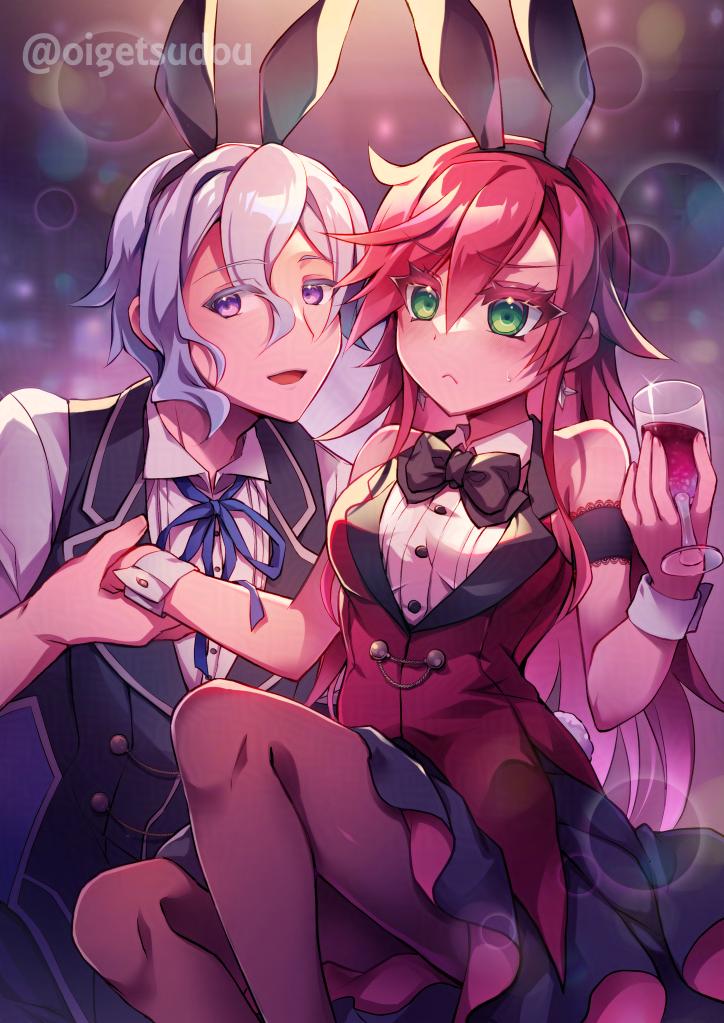 1boy, 1girl, animal_ears, bartender, blue_hair, bow, bowtie, celis_ortesia