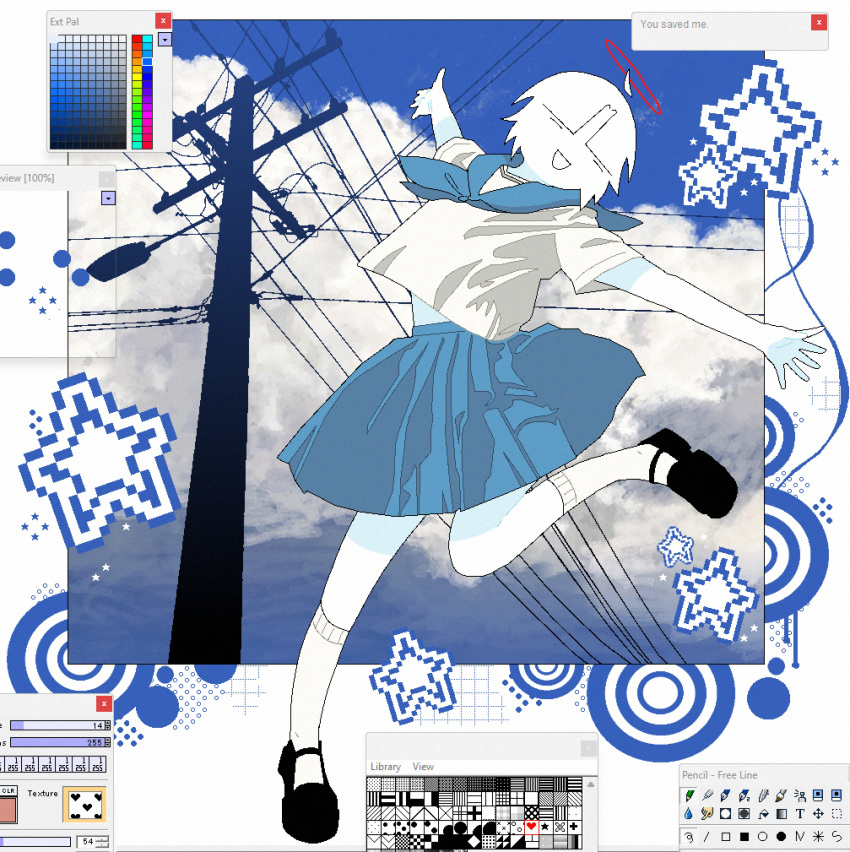 1girl, absurdres, black_shoes, blue_neckerchief, blue_sailor_collar, blue_skirt, blue_sky, chewchewer
