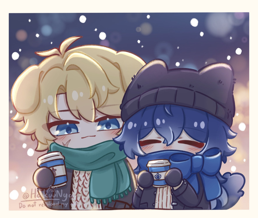 2boys, animal_ears, animal_hat, blonde_hair, blue_eyes, chibi, closed_eyes, covered_mouth
