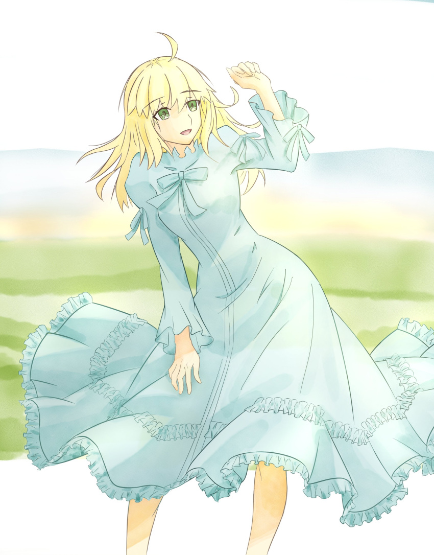 1girl, absurdres, ahoge, andychen662000, artoria_pendragon_(fate), blonde_hair, blue_dress, commentary