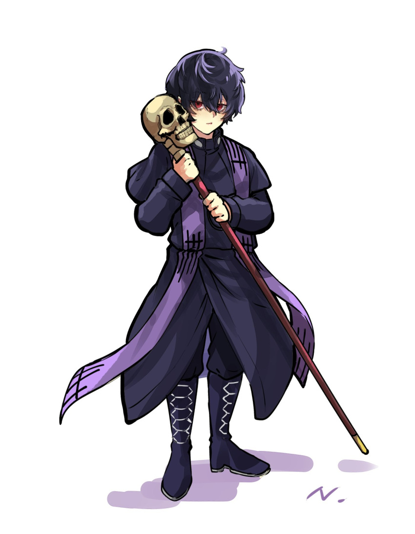 1boy, beelzebub_(shuumatsu_no_valkyrie), black_hair, boots, closed_mouth, etching, highres, hishui_prpr