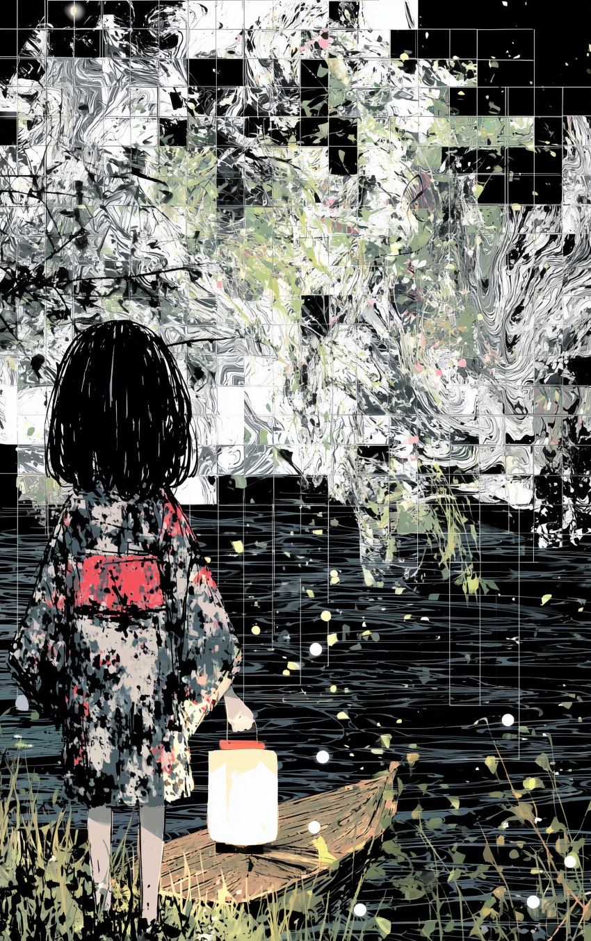1girl, absurdres, boat, child, from_behind, grass, highres, holding