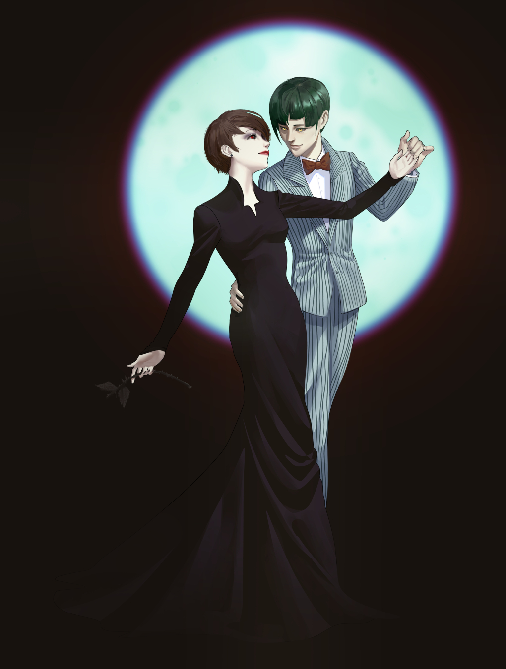 black_background, black_dress, black_eyeshadow, black_flower, black_nails, bow, bowtie, brown_hair