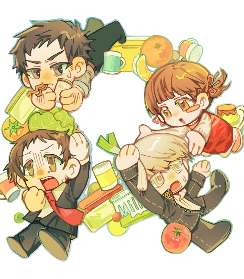 1girl, 3boys, adachi_tooru, arm_up, black_jacket, black_pants, blush, brown_eyes, brown_hair, cabbage, child, closed_mouth, collared_shirt, cup, doujima_nanako, doujima_ryoutarou, food, food_in_mouth, fruit, full_body, grey_eyes, grey_hair, hashtag-only_commentary, highres, holding, holding_food, holding_spring_onion, holding_vegetable, jacket, long_sleeves, looking_at_another, mbl_bg6969, mug, multiple_boys, narukami_yu, necktie, open_mouth, orange_(fruit), pants, persona, persona_4, red_necktie, school_uniform, shirt, short_hair, simple_background, smile, spring_onion, suit, tomato, twintails, vegetable, white_background, white_shirt, yasogami_school_uniform